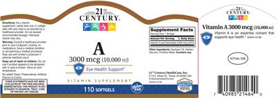 Photo of the 21st Century A 3000 mcg (10,000 IU) label