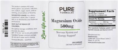 Photo of the PureFormulas Magnesium Oxide 500 mg label