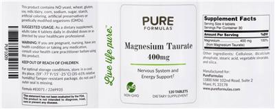 Photo of the PureFormulas Magnesium Taurate 400 mg label