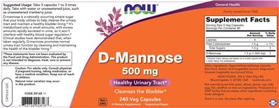 Photo of the NOW D-Mannose 500 mg label