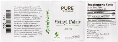 Photo of the PureFormulas Methyl Folate 1,000 mcg label