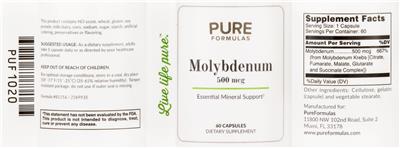Photo of the PureFormulas Molybdenum 500 mcg label