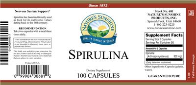 Photo of the Nature's Sunshine Spirulina label