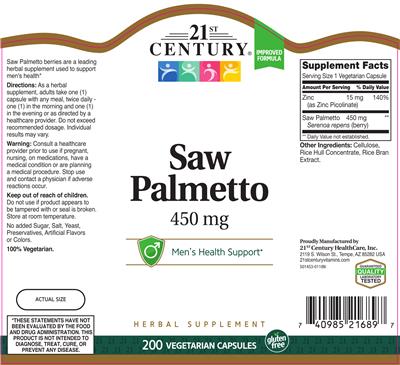 Photo of the 21st Century Saw Palmetto 450 mg label