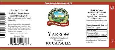 Photo of the Nature's Sunshine Yarrow 300 mg label