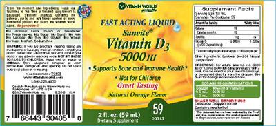 Photo of the Vitamin World Sunvite Liquid Vitamin D3 5000 IU Natural Orange Flavor label