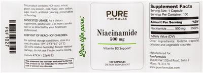 Photo of the PureFormulas Niacinamide 500 mg label