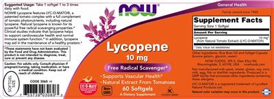 Photo of the NOW Lycopene 10 mg label