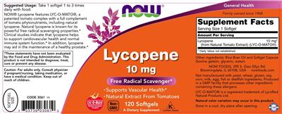 Photo of the NOW Lycopene 10 mg label