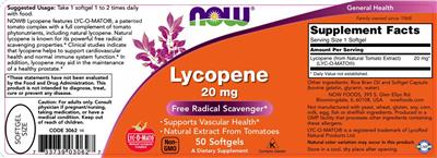 Photo of the NOW Lycopene 20 mg label