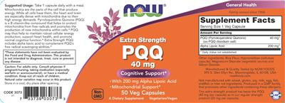 Photo of the NOW Extra Strength PQQ 40 mg label