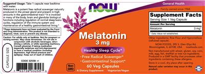 Photo of the NOW Melatonin 3 mg label