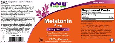 Photo of the NOW Melatonin 3 mg label