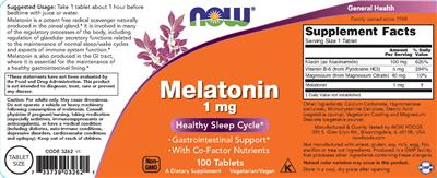 Photo of the NOW Melatonin 1 mg label
