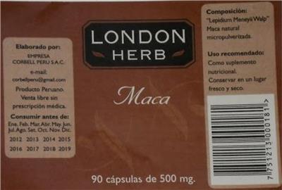 Photo of the London Herb Maca label