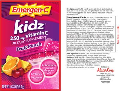 Photo of the Emergen-C Kidz 250 mg Vitamin C Fruit Punch label