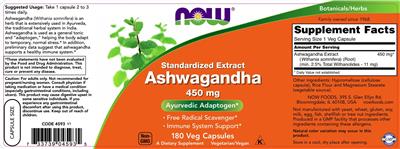 Photo of the NOW Standardized Extract Ashwagandha 450 mg label