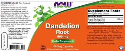 Photo of the NOW Dandelion Root 500 mg label