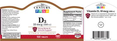 Photo of the 21st Century D3 10 mcg (400 IU) label
