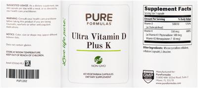 Photo of the PureFormulas Ultra Vitamin D plus K label