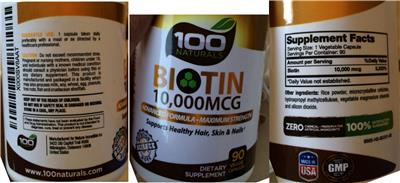 Photo of the 100 Naturals Biotin 10,000 mcg label