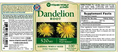 Photo of the Vitamin World Dandelion Root 520 mg label