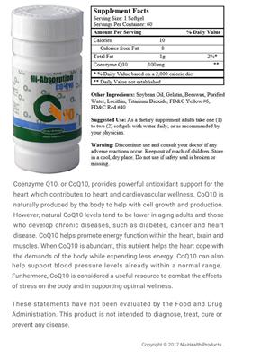 Photo of the Nu-Health Hi-Absorption Co-Q10 100 mg label
