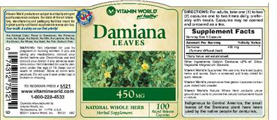 Photo of the Vitamin World Damiana Leaves 450 mg label