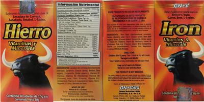 Photo of the GN+Vida Iron Vitamins & Minerals label