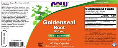 Photo of the NOW Goldenseal Root 500 mg label