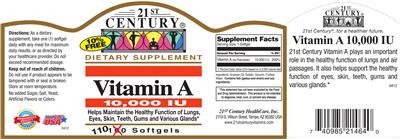 Photo of the 21st Century Vitamin A 10,000 IU label