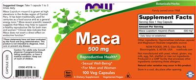Photo of the NOW Maca 500 mg label