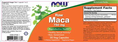 Photo of the NOW Raw Maca 750 mg label