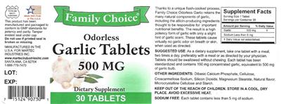 Photo of the Family Choice Odorless Garlic Tablets 500 mg label