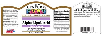 Photo of the 21st Century Alpha Lipoic Acid 50 mg label