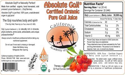 Photo of the California Academy of Health Absolute Goji Certified Organic Pure Goji Juice label