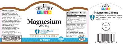 Photo of the 21st Century Magnesium 250 mg label