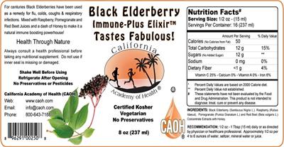 Photo of the California Academy of Health Black Elderberry Immune-Plus Elixir label