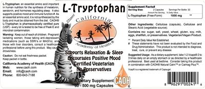 Photo of the California Academy of Health L-Tryptophan 500 mg label