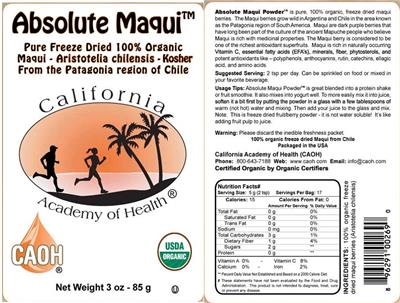 Photo of the California Academy of Health Absolute Maqui label