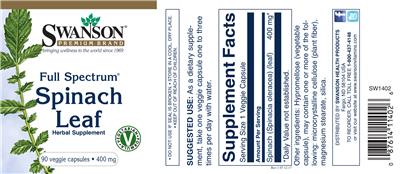 Photo of the Swanson Premium Brand Full Spectrum Spinach Leaf 400 mg label