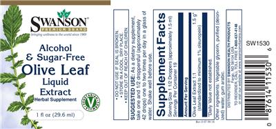 Photo of the Swanson Premium Brand Olive Leaf Liquid Extract Alcohol & Sugar-Free label