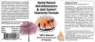 Photo of the California Academy of Health Herbal Natural Anti-Inflammatory & Joint Support label