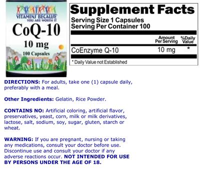 Photo of the Vitamins Because Co-Q10 10 mg label
