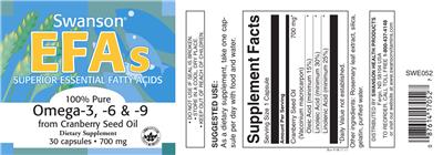 Photo of the Swanson EFAs Omega-3, -6 & -9 from Cranberry Seed Oil 700 mg 100% Pure label