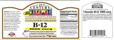 Photo of the 21st Century Prolonged Release B-12 1000 mcg label