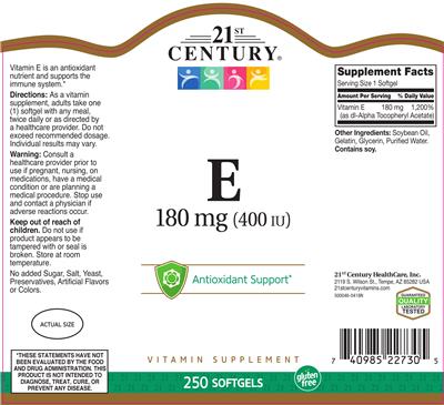 Photo of the 21st Century E 180 mg (400 IU) label