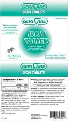 Photo of the Geri-Care Iron Tablets label