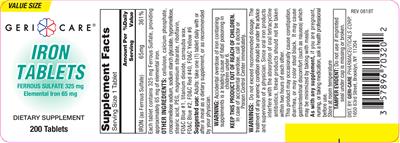 Photo of the Geri-Care Iron Tablets 65 mg label
