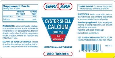 Photo of the Geri-Care Oyster Shell Calcium 500 mg plus Vitamin D label